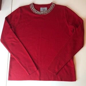 LIV MILANO Elegant Red Sweater Embellished Rhinestone Neckline Women’s Small